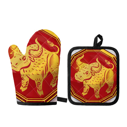 Chinese Ox Zodiac Symbol Print Oven Mitt And Pot Holder Set