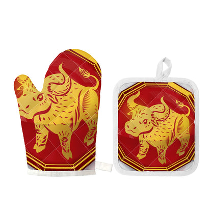 Chinese Ox Zodiac Symbol Print Oven Mitt And Pot Holder Set