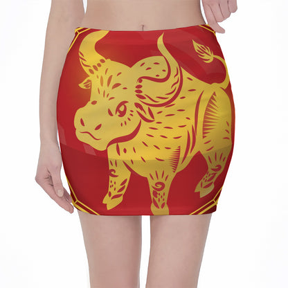 Chinese Ox Zodiac Symbol Print Pencil Mini Skirt