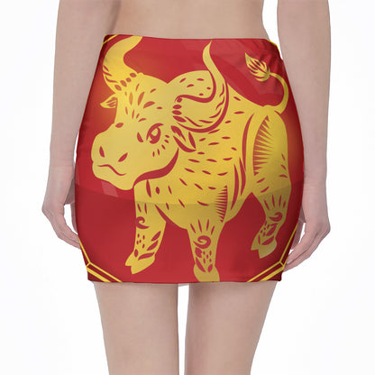 Chinese Ox Zodiac Symbol Print Pencil Mini Skirt