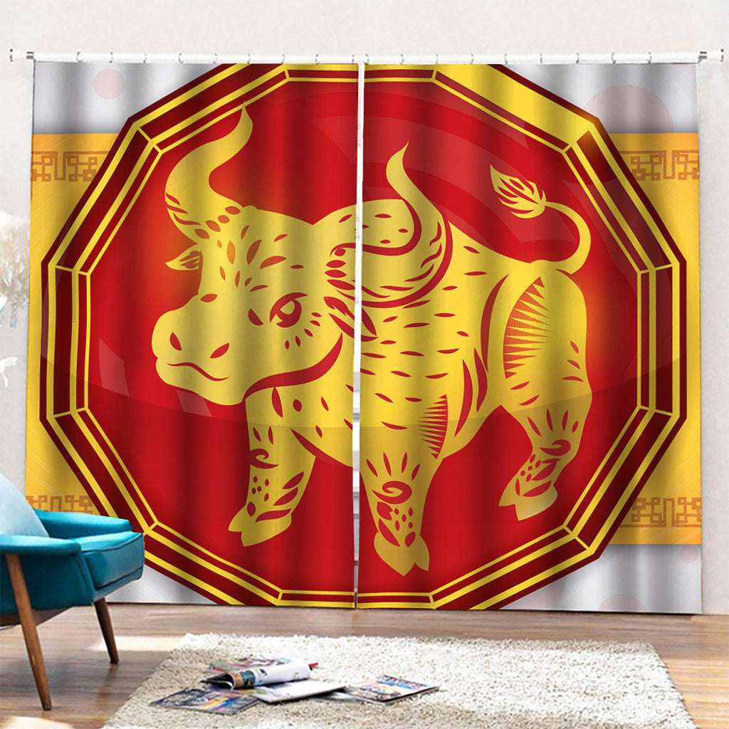 Chinese Ox Zodiac Symbol Print Pencil Pleat Curtains