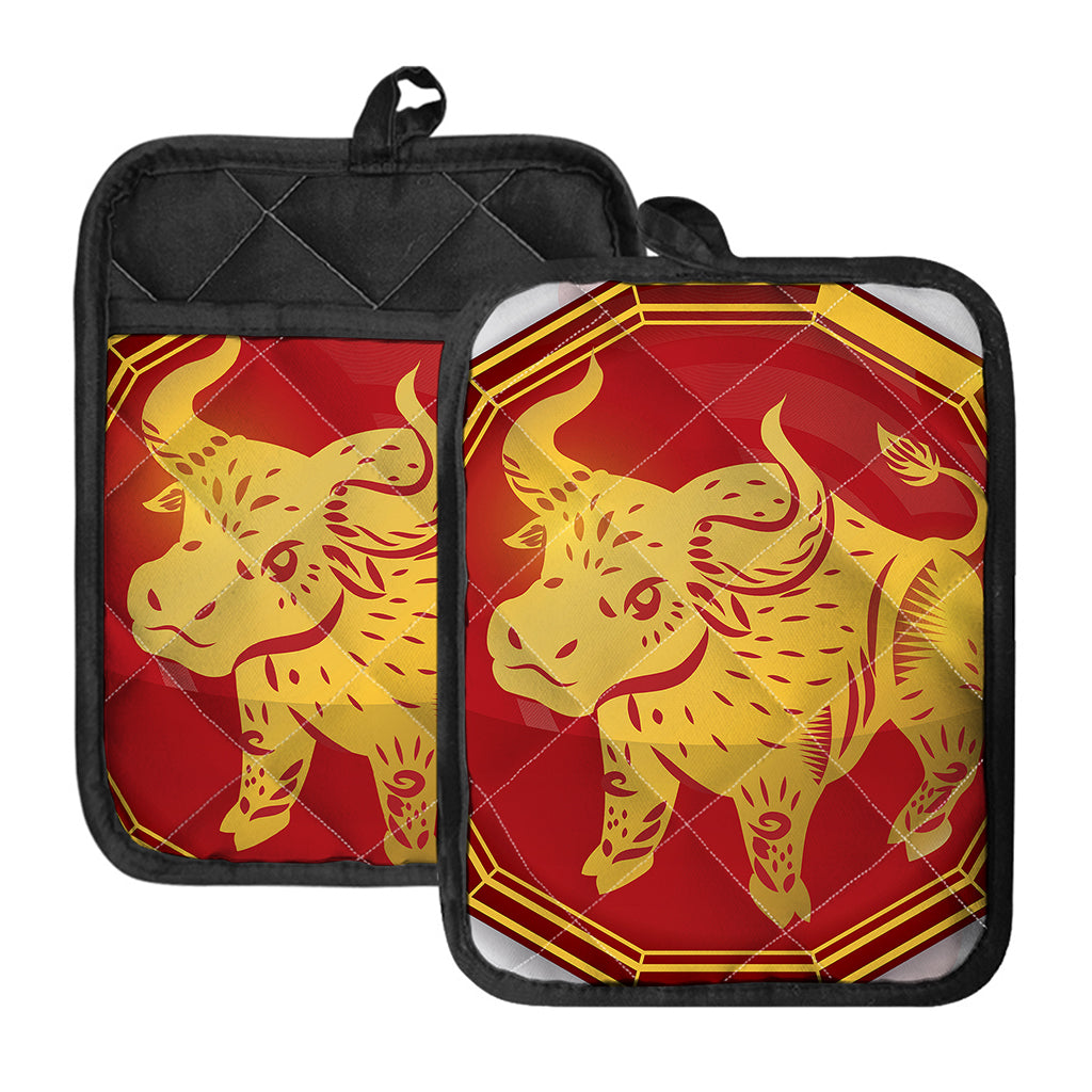 Chinese Ox Zodiac Symbol Print Pot Holders With Pocket