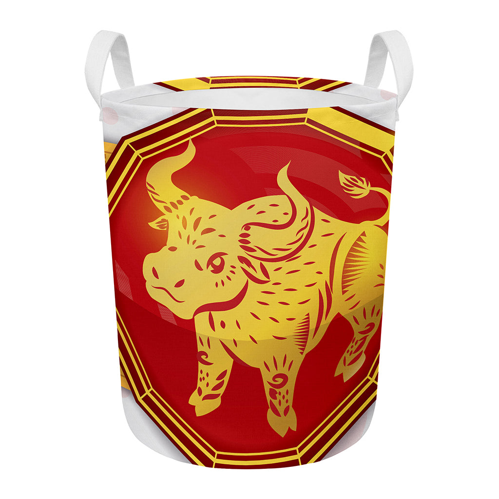 Chinese Ox Zodiac Symbol Print Round Laundry Basket