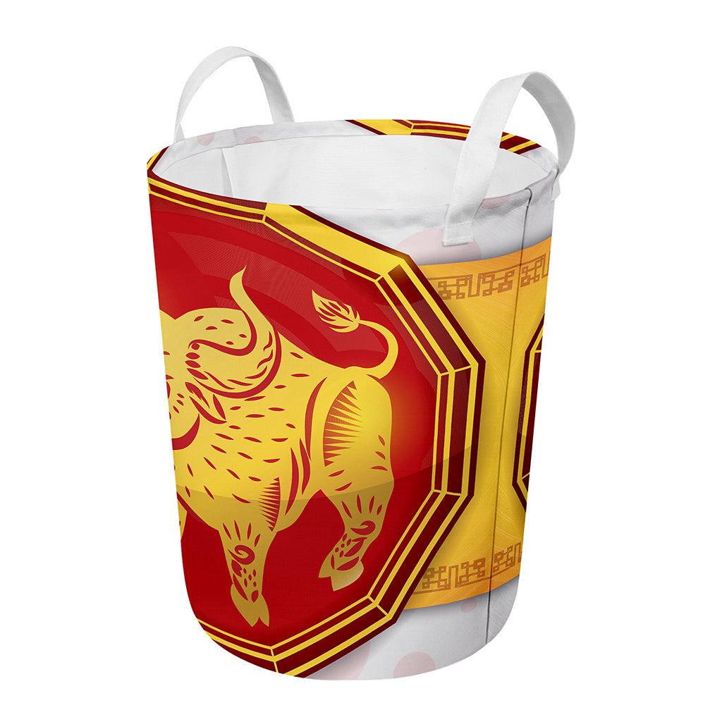Chinese Ox Zodiac Symbol Print Round Laundry Basket