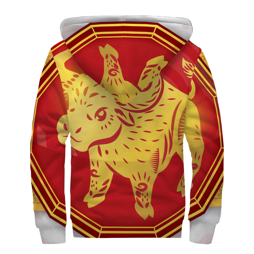 Chinese Ox Zodiac Symbol Print Sherpa Lined Zip Up Hoodie