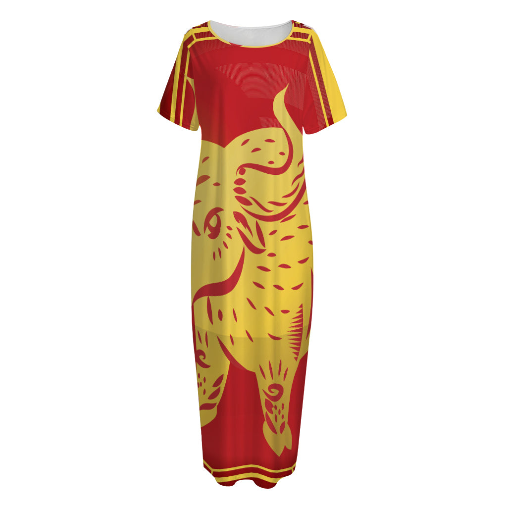 Chinese Ox Zodiac Symbol Print Short Sleeve Long Nightdress