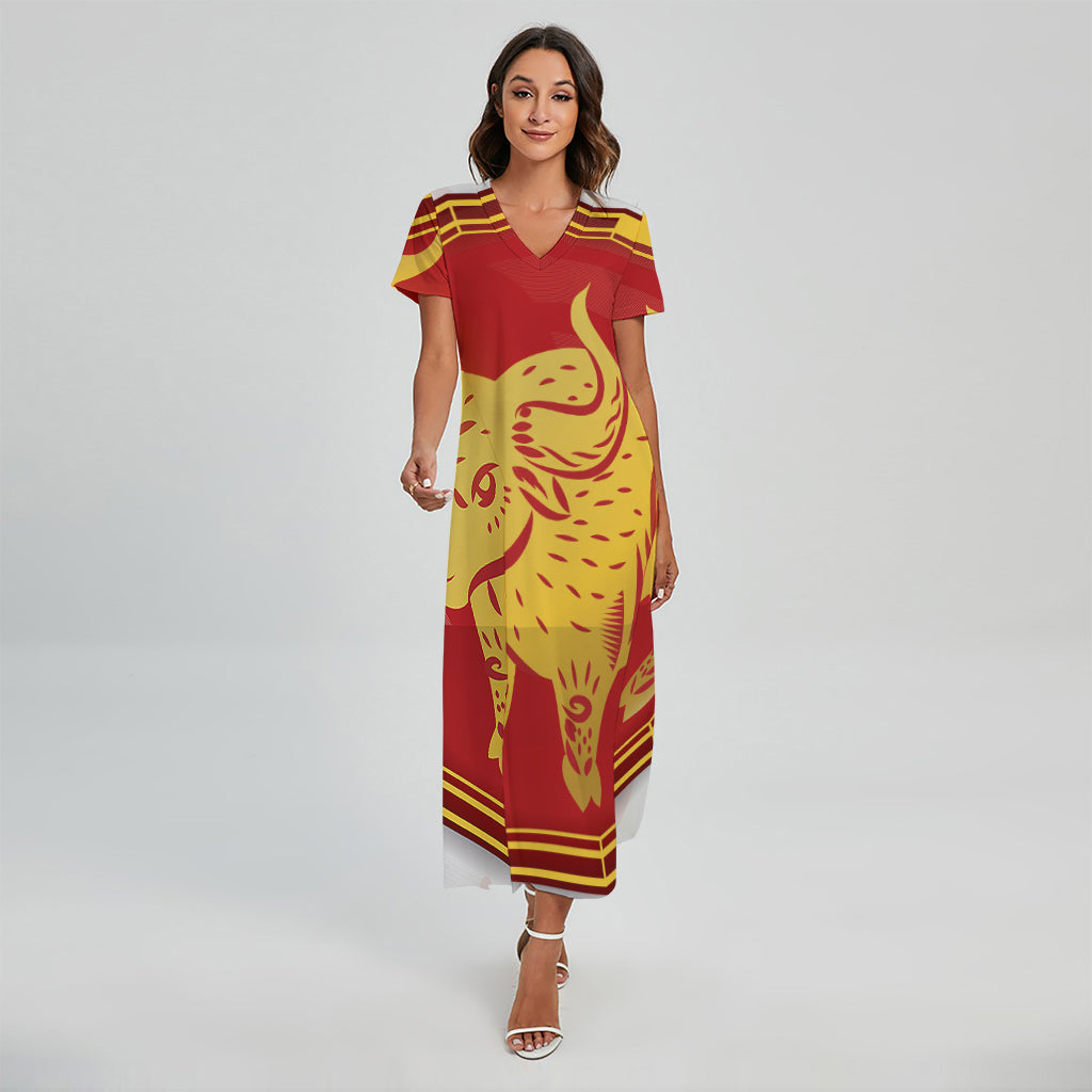 Chinese Ox Zodiac Symbol Print Short Sleeve Maxi Dress