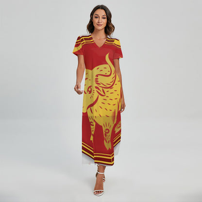 Chinese Ox Zodiac Symbol Print Short Sleeve Maxi Dress