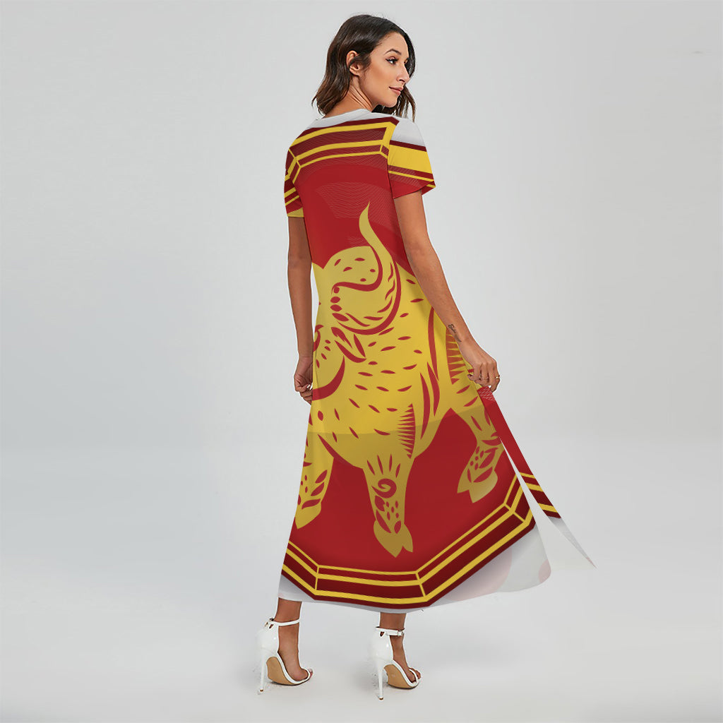 Chinese Ox Zodiac Symbol Print Short Sleeve Maxi Dress