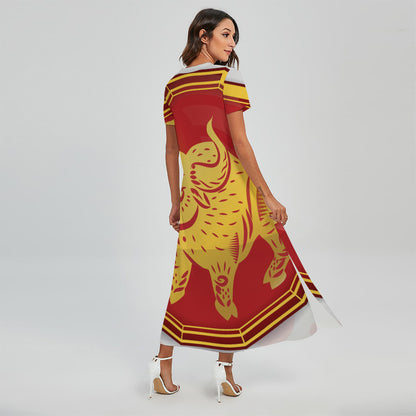 Chinese Ox Zodiac Symbol Print Short Sleeve Maxi Dress