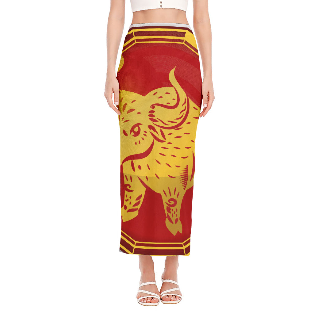 Chinese Ox Zodiac Symbol Print Side Slit Maxi Skirt
