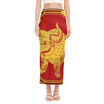 Chinese Ox Zodiac Symbol Print Side Slit Maxi Skirt