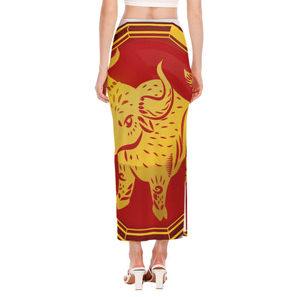 Chinese Ox Zodiac Symbol Print Side Slit Maxi Skirt