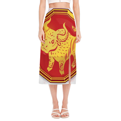 Chinese Ox Zodiac Symbol Print Side Slit Midi Skirt