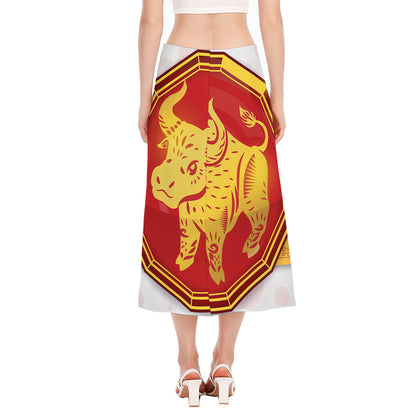 Chinese Ox Zodiac Symbol Print Side Slit Midi Skirt