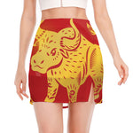 Chinese Ox Zodiac Symbol Print Side Slit Mini Skirt