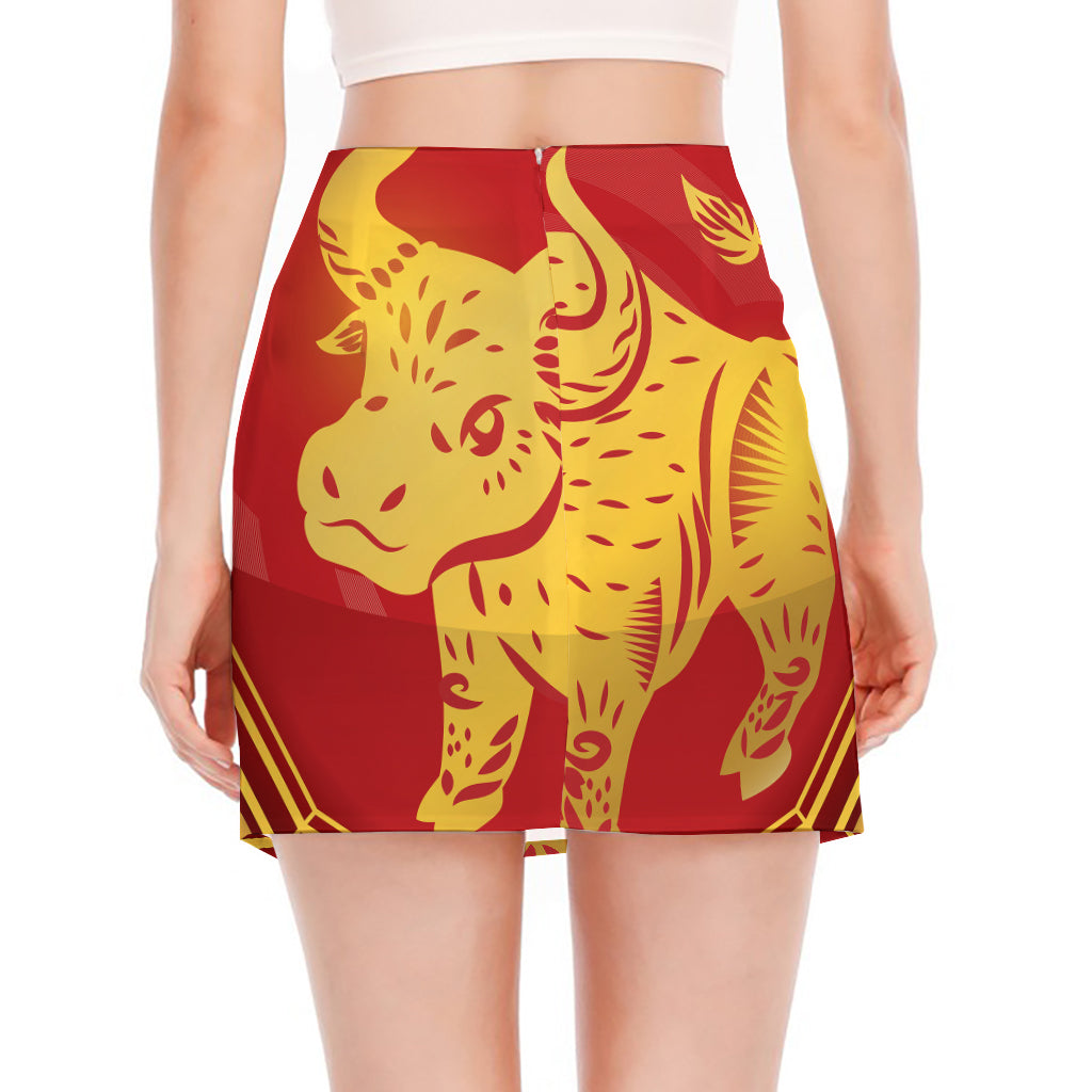 Chinese Ox Zodiac Symbol Print Side Slit Mini Skirt