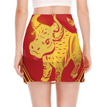 Chinese Ox Zodiac Symbol Print Side Slit Mini Skirt