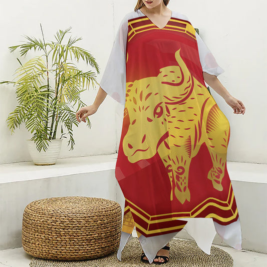 Chinese Ox Zodiac Symbol Print Silk V-Neck Kaftan Dress