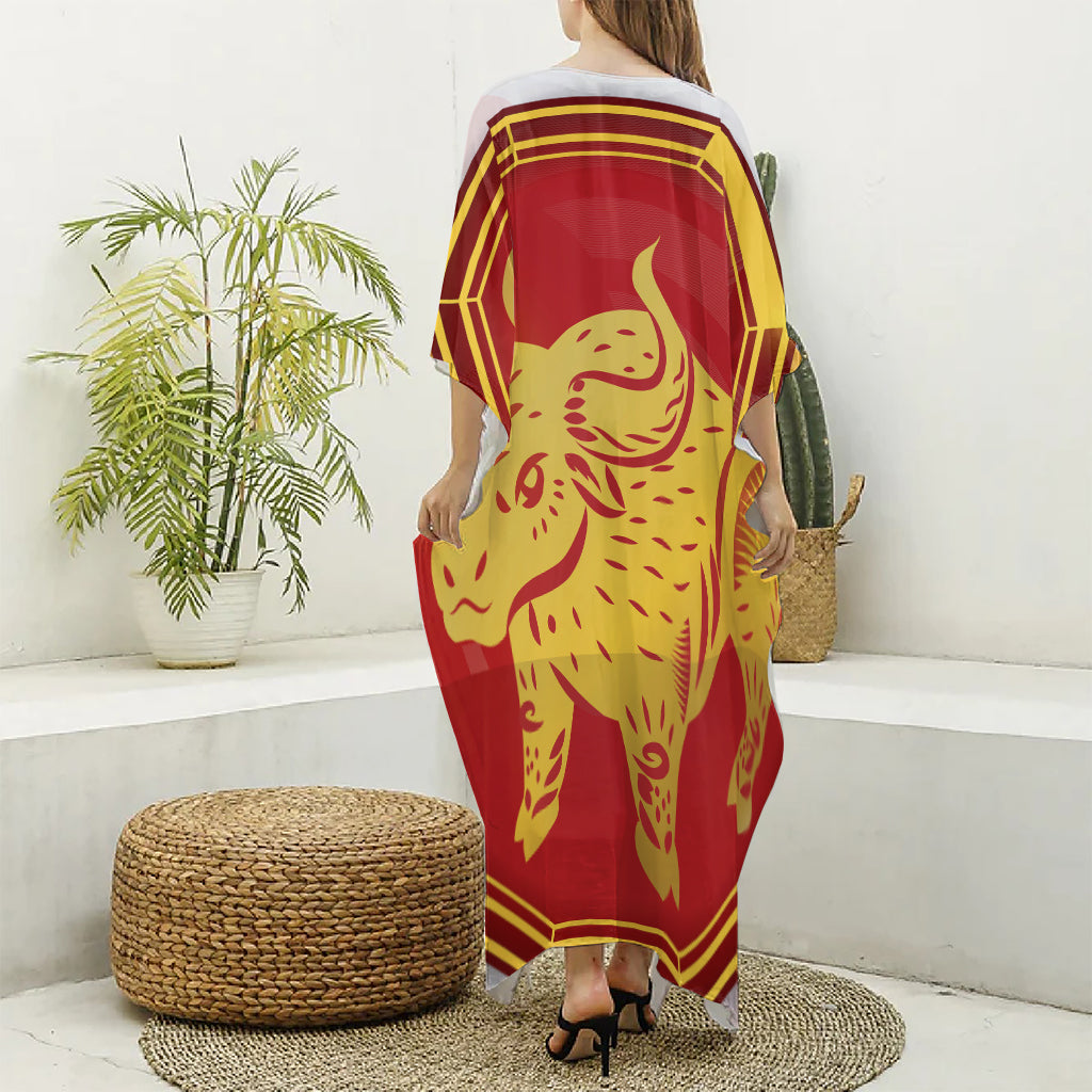 Chinese Ox Zodiac Symbol Print Silk V-Neck Kaftan Dress