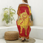 Chinese Ox Zodiac Symbol Print Silk V-Neck Kaftan Dress