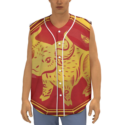 Chinese Ox Zodiac Symbol Print Sleeveless Baseball Jersey