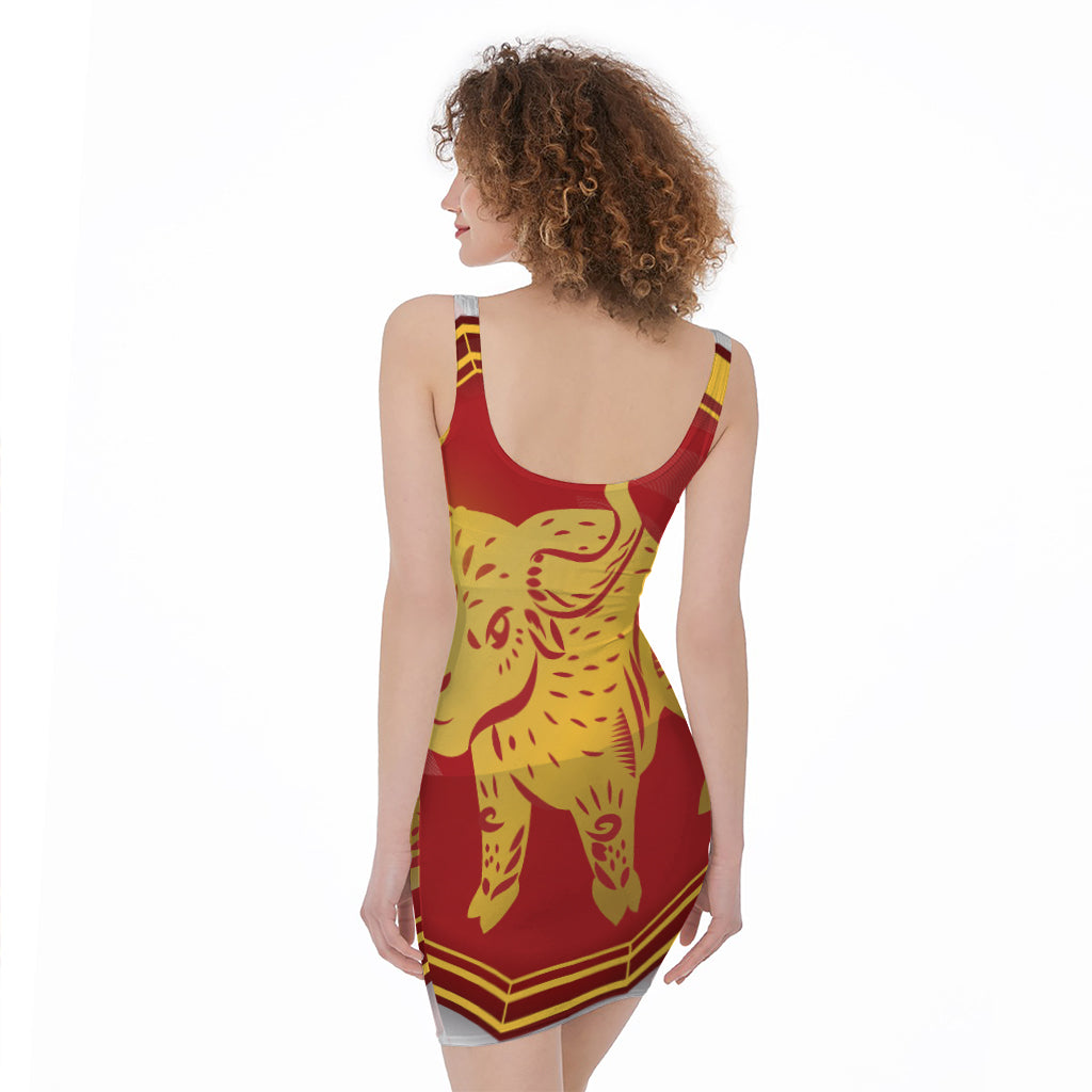 Chinese Ox Zodiac Symbol Print Sleeveless Bodycon Dress