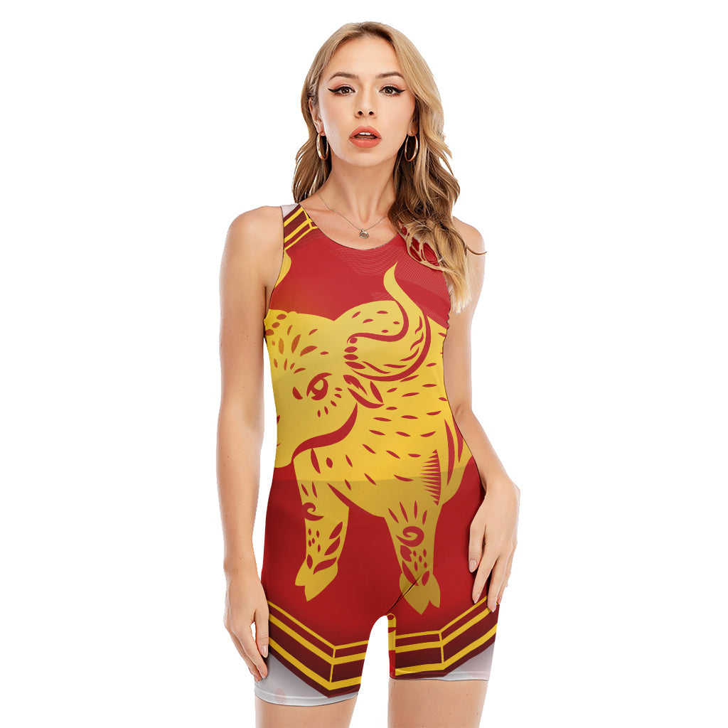 Chinese Ox Zodiac Symbol Print Sleeveless One Piece Swimsuit