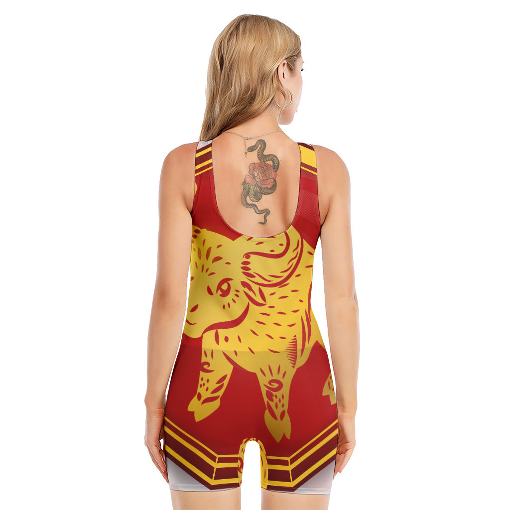 Chinese Ox Zodiac Symbol Print Sleeveless One Piece Swimsuit