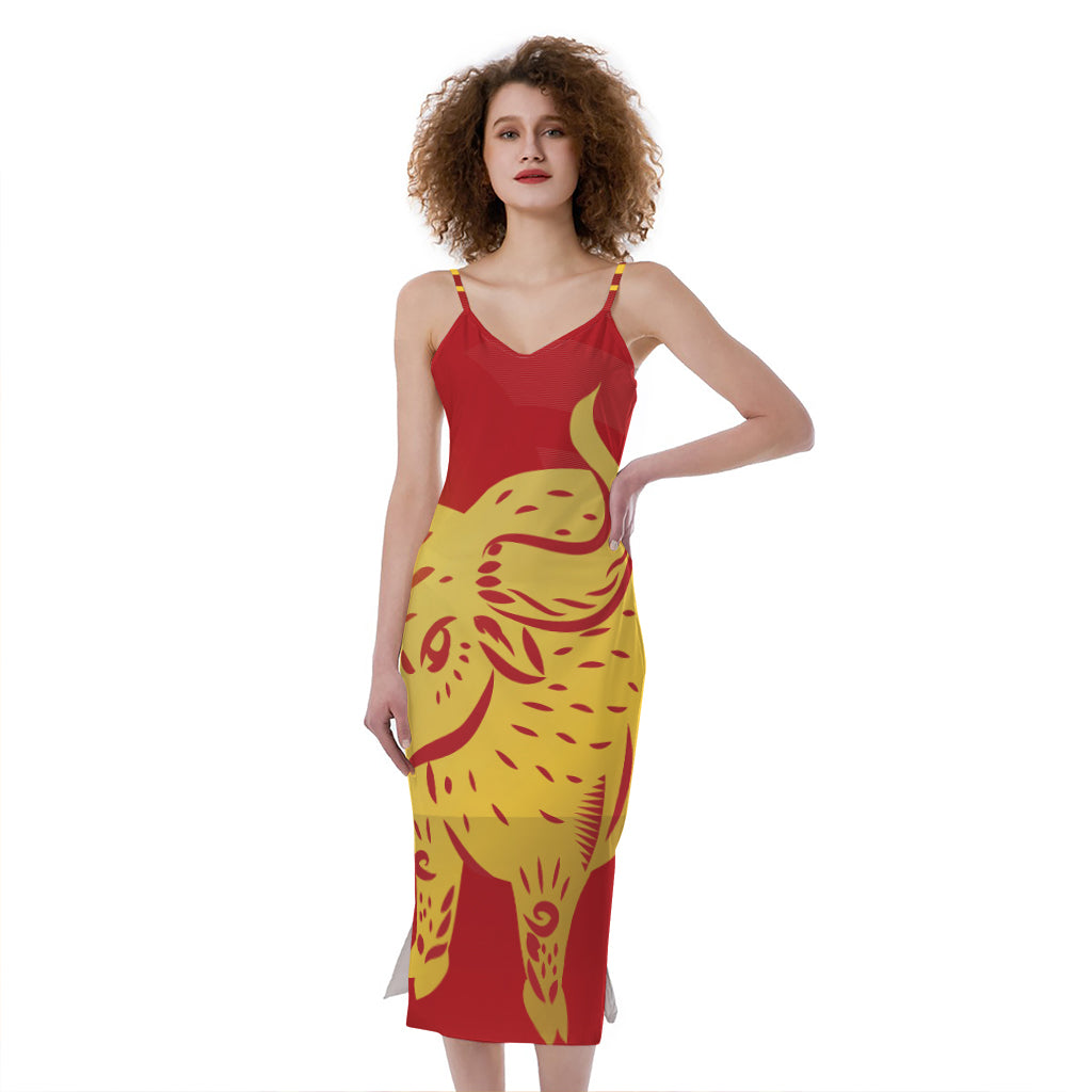 Chinese Ox Zodiac Symbol Print Slim Fit Midi Cami Dress