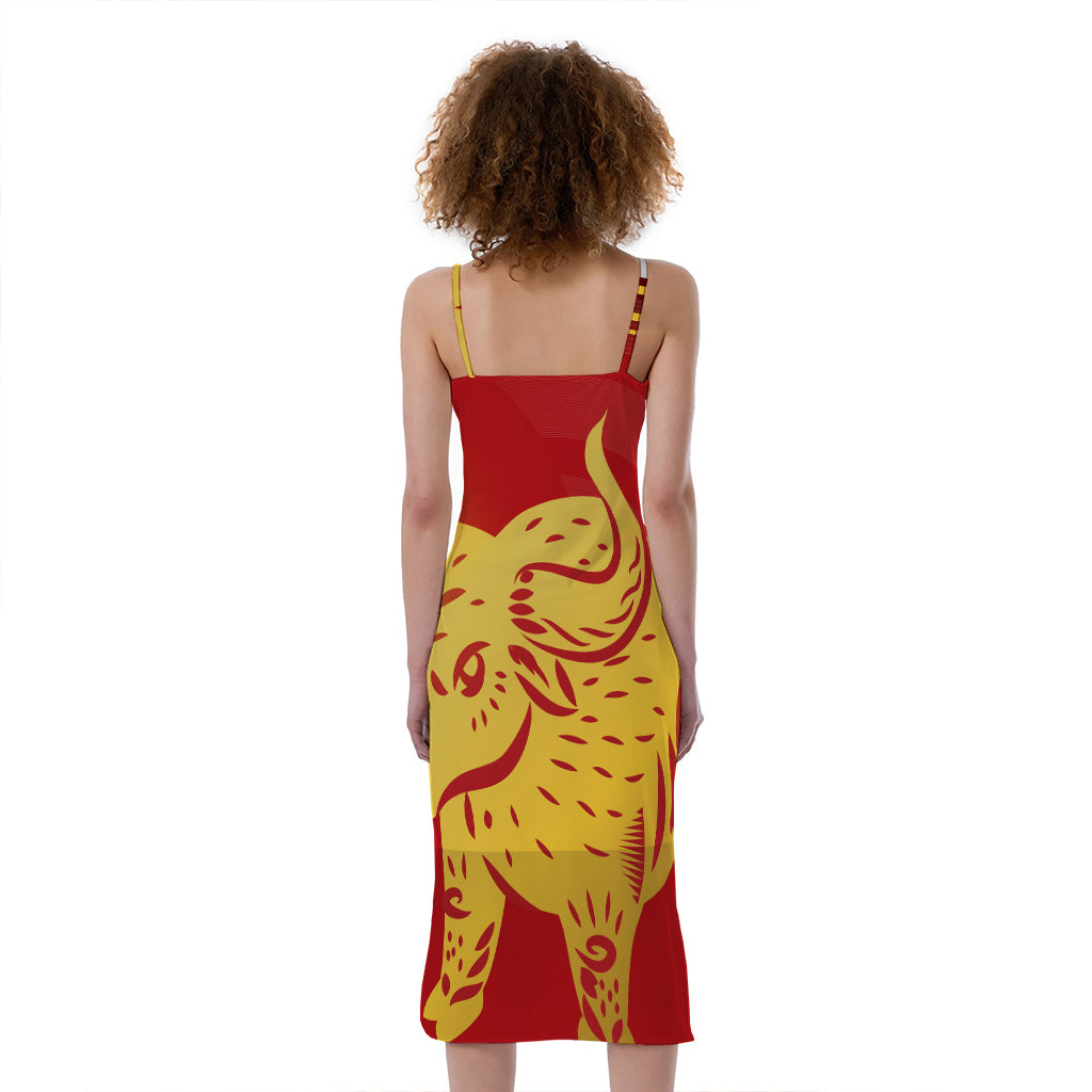 Chinese Ox Zodiac Symbol Print Slim Fit Midi Cami Dress