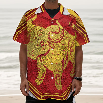 Chinese Ox Zodiac Symbol Print Textured Short Sleeve Shirt