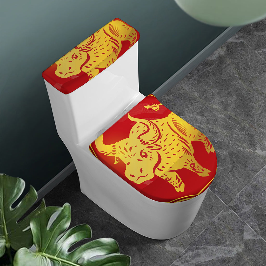 Chinese Ox Zodiac Symbol Print Toilet Lid And Tank Cover Set