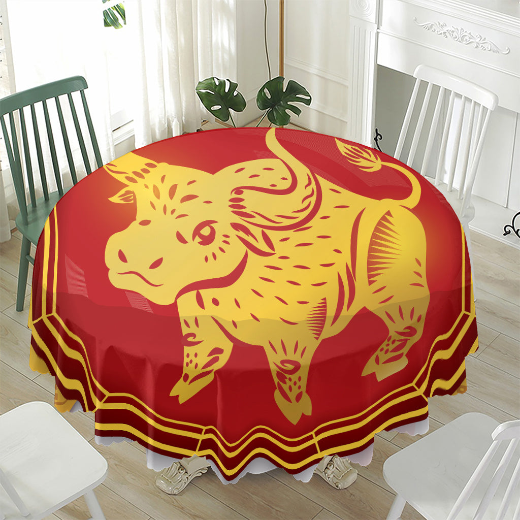 Chinese Ox Zodiac Symbol Print Waterproof Round Tablecloth
