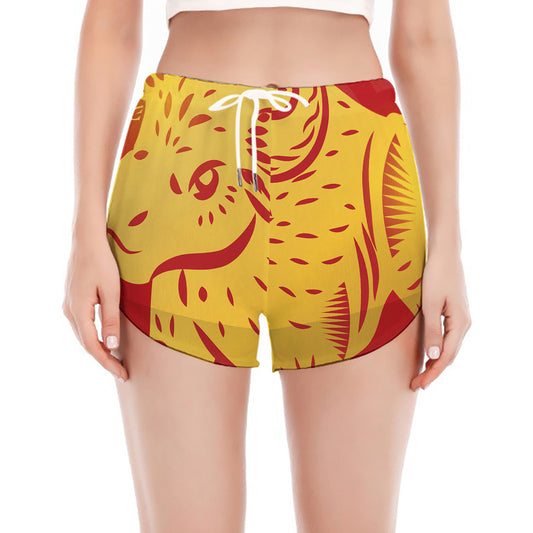 Chinese Ox Zodiac Symbol Print Women's Split Running Shorts
