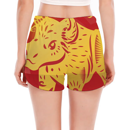Chinese Ox Zodiac Symbol Print Women's Split Running Shorts