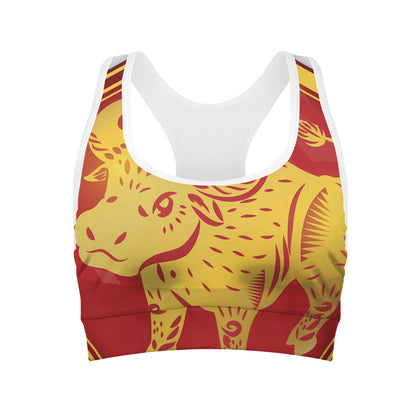 Chinese Ox Zodiac Symbol Print Women's Sports Bra
