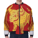 Chinese Ox Zodiac Symbol Print Zip Sleeve Bomber Jacket