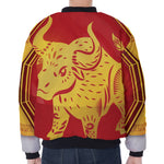 Chinese Ox Zodiac Symbol Print Zip Sleeve Bomber Jacket