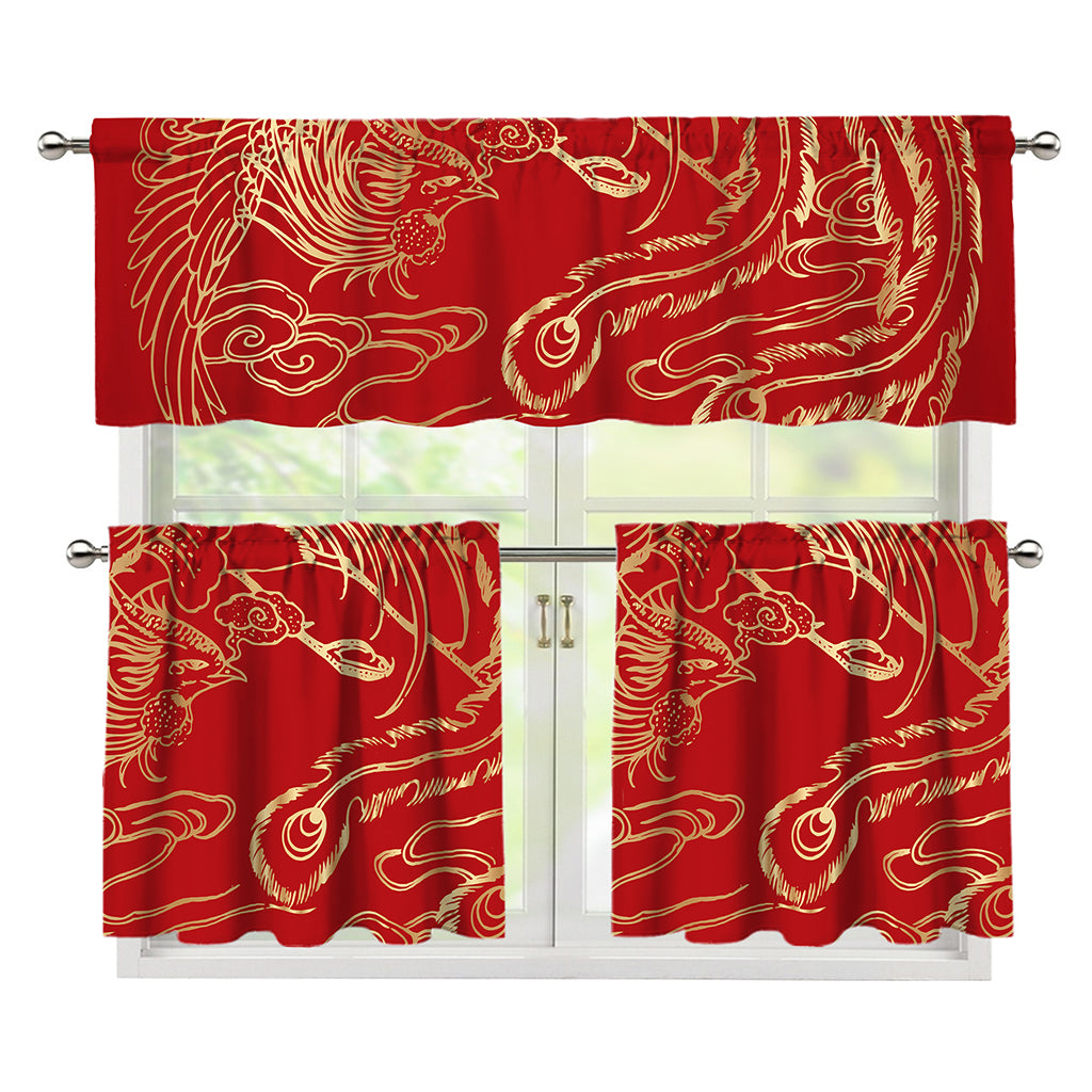 Chinese Phoenix Print 3 Piece Kitchen Curtains