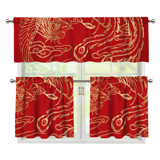 Chinese Phoenix Print 3 Piece Kitchen Curtains