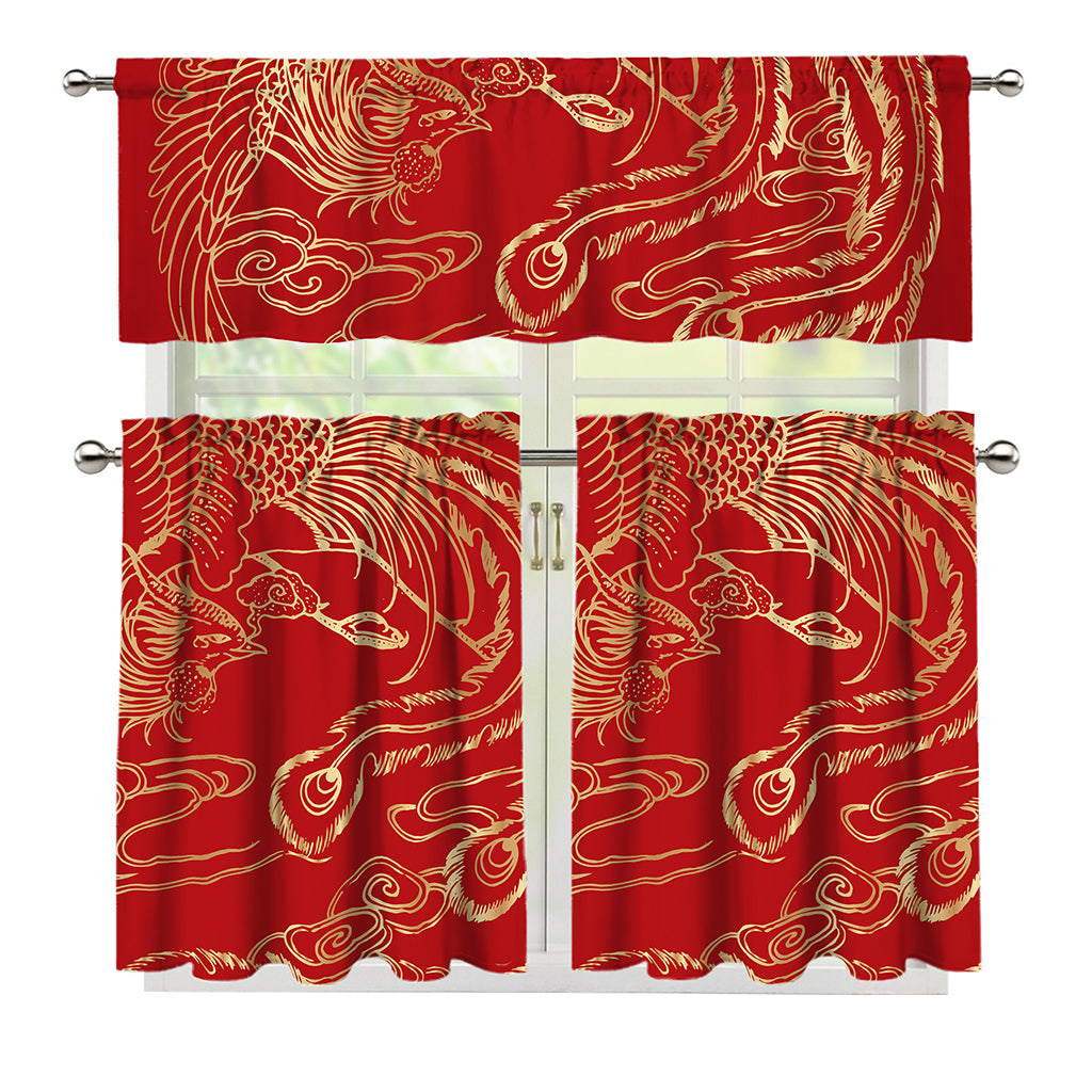 Chinese Phoenix Print 3 Piece Kitchen Curtains