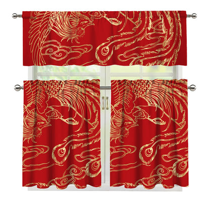 Chinese Phoenix Print 3 Piece Kitchen Curtains