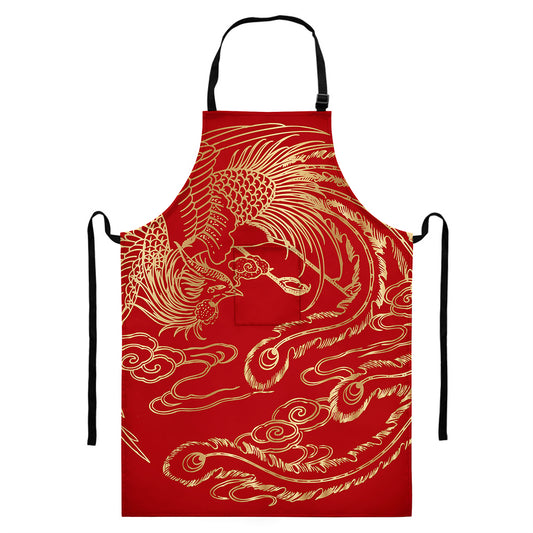 Chinese Phoenix Print Bib Apron With Pocket