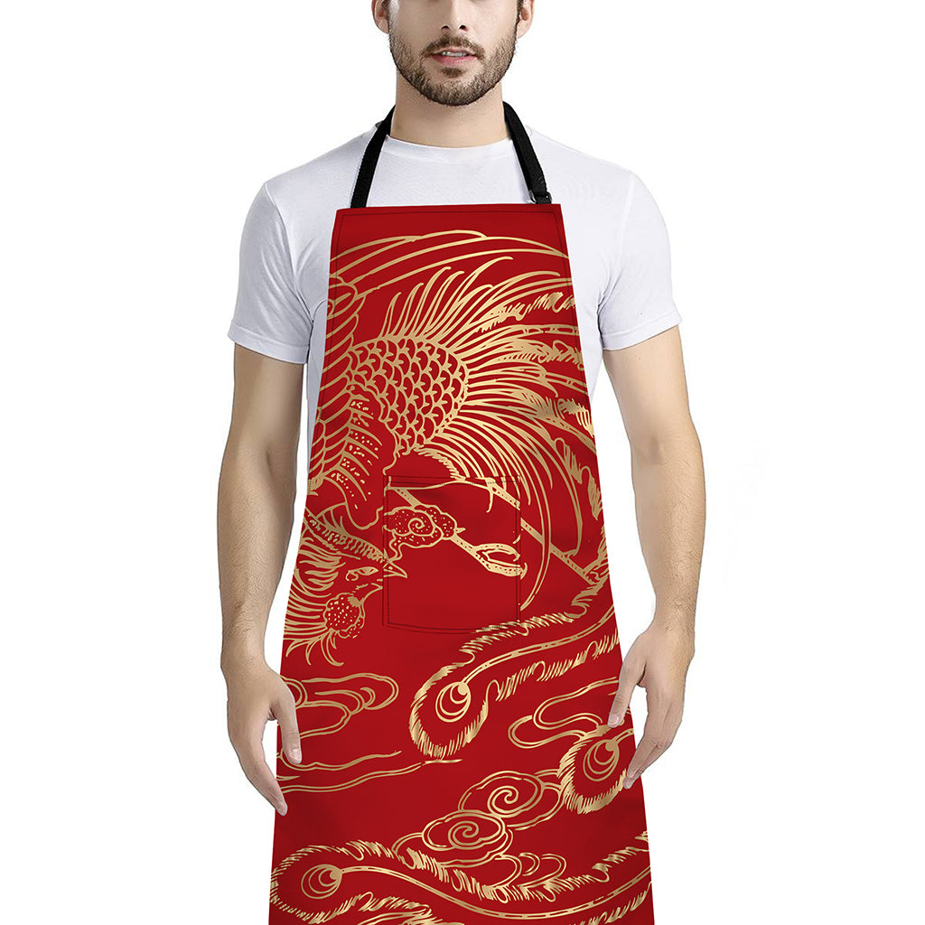Chinese Phoenix Print Bib Apron With Pocket