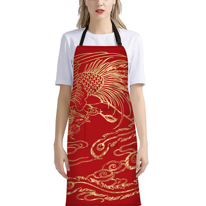 Chinese Phoenix Print Bib Apron With Pocket