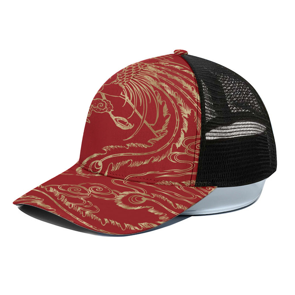 Chinese Phoenix Print Black Mesh Trucker Cap