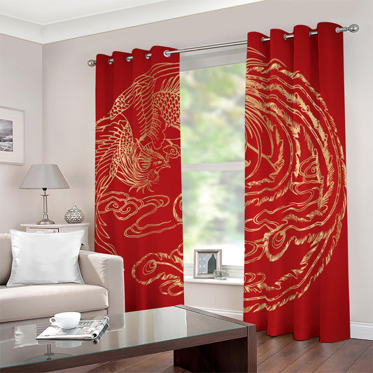 Chinese Phoenix Print Blackout Grommet Curtains