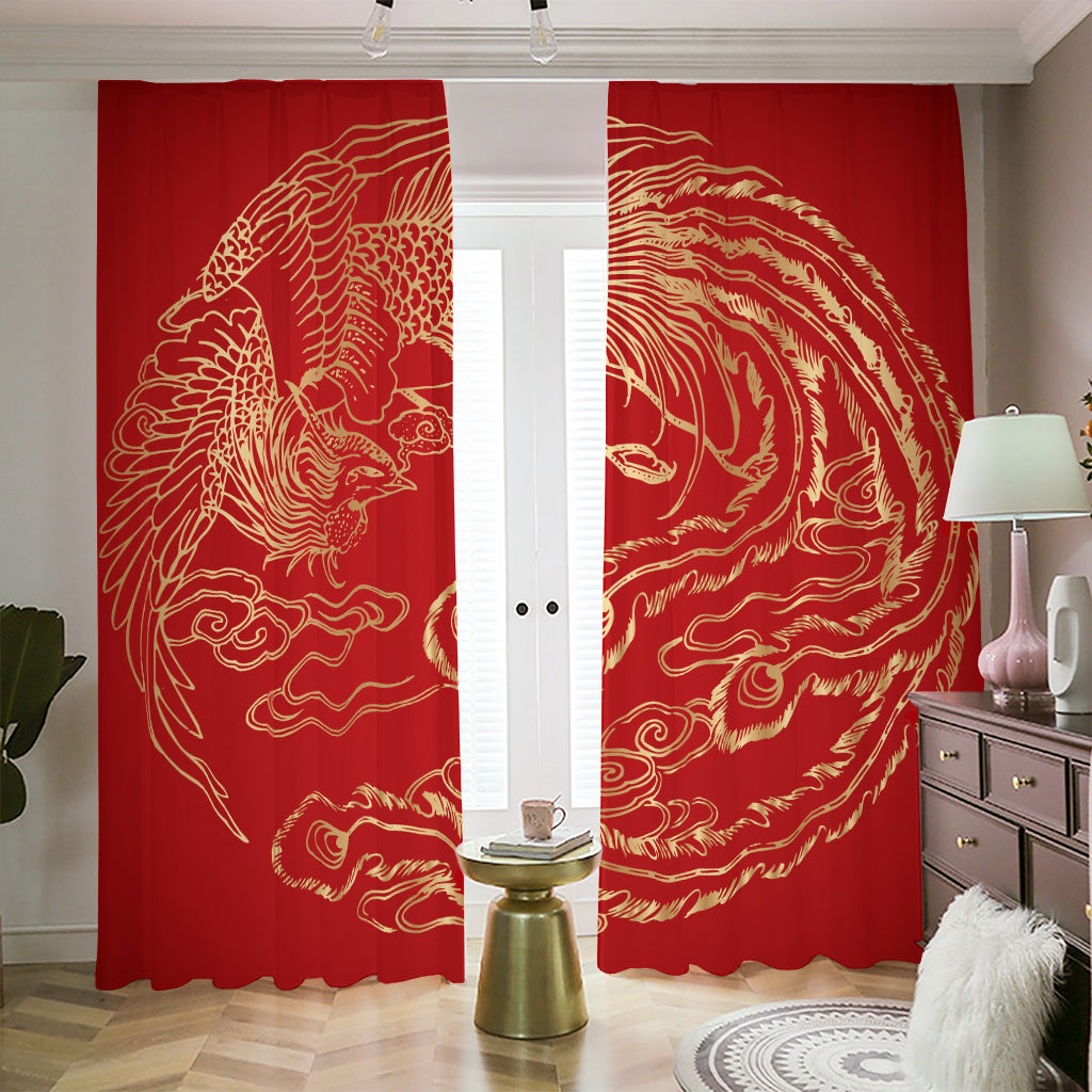 Chinese Phoenix Print Blackout Pencil Pleat Curtains