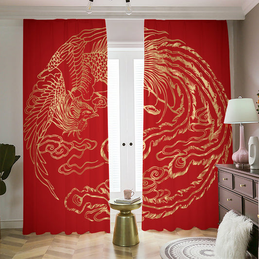 Chinese Phoenix Print Blackout Pencil Pleat Curtains